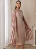 Pleated Long Sleeve Tea Length Sheath Dress For Mothers Of The Bride And Groom