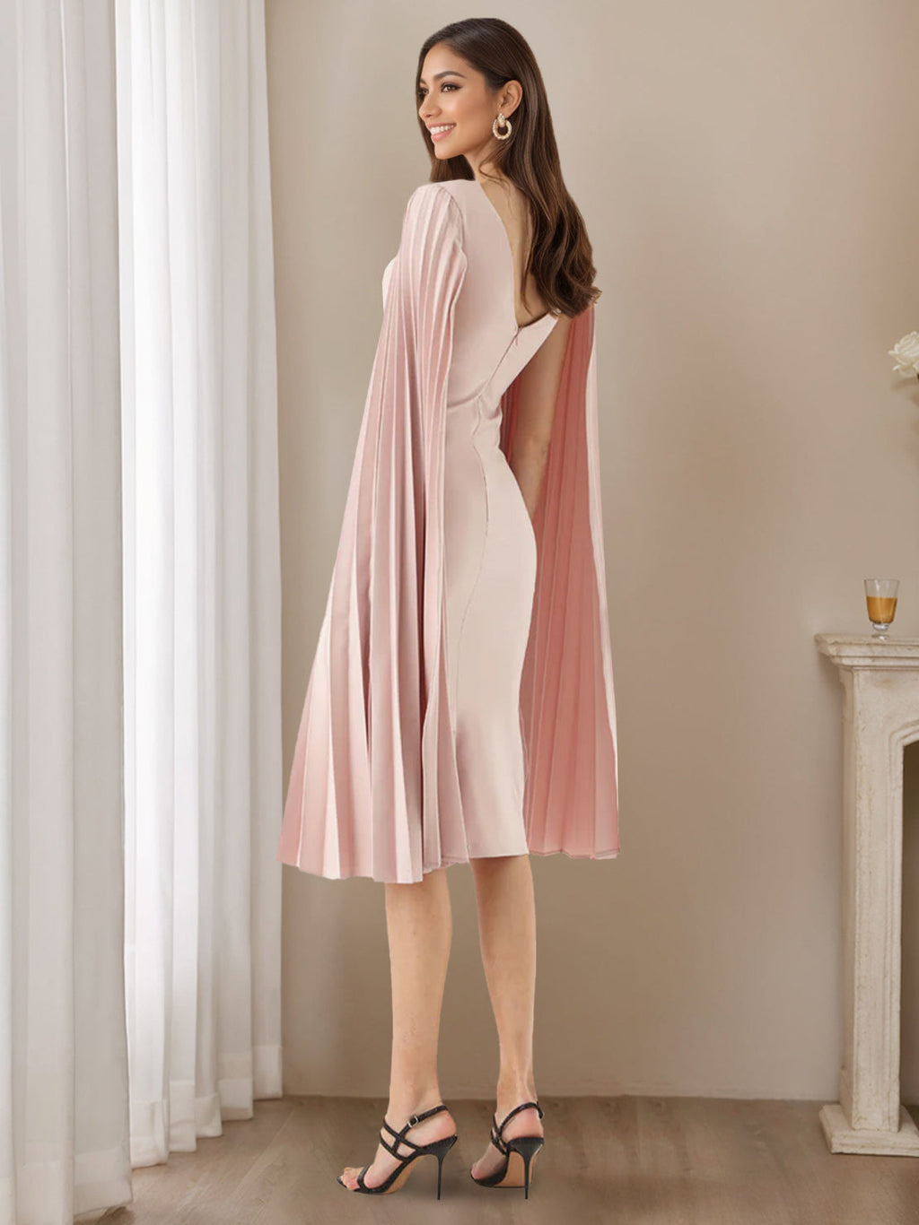 Pleated Long Sleeve Tea Length Sheath Dress For Mothers Of The Bride And Groom