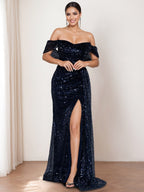Off The Shoulder Sequined Mother Of The Bride And Groom Dress Front Split