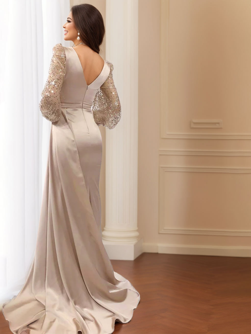 V Neck Long Sleeve Trumpet Dress Mother Of The Bride With Ruched Side Split