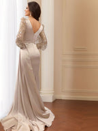 V Neck Long Sleeve Trumpet Dress Mother Of The Bride With Ruched Side Split