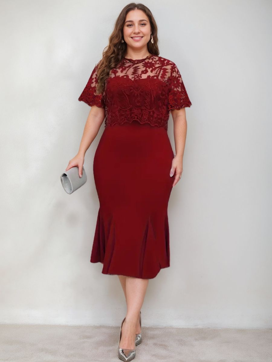 Plus Size Tea Length Mother Of The Bride Dress With Appliques Trumpet Silhouette