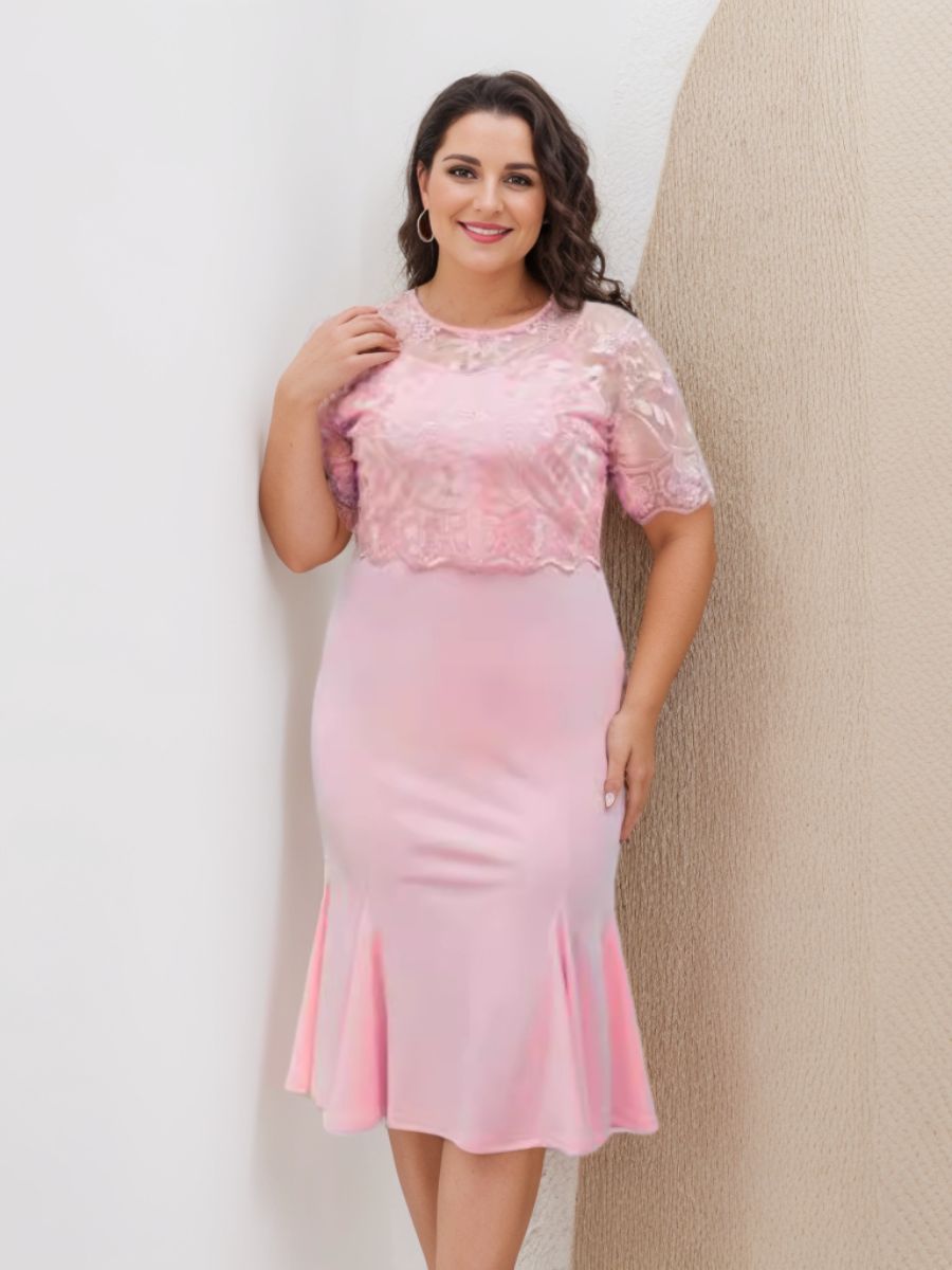 Plus Size Tea Length Mother Of The Bride Dress With Appliques Trumpet Silhouette