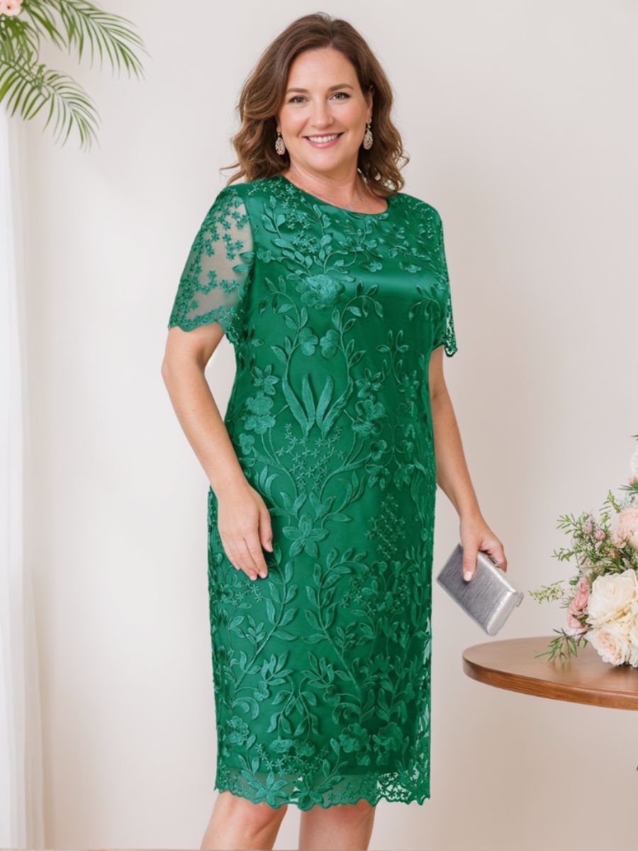 Plus Size Tea Length Mother Of The Bride Dress Scoop Neck Appliques