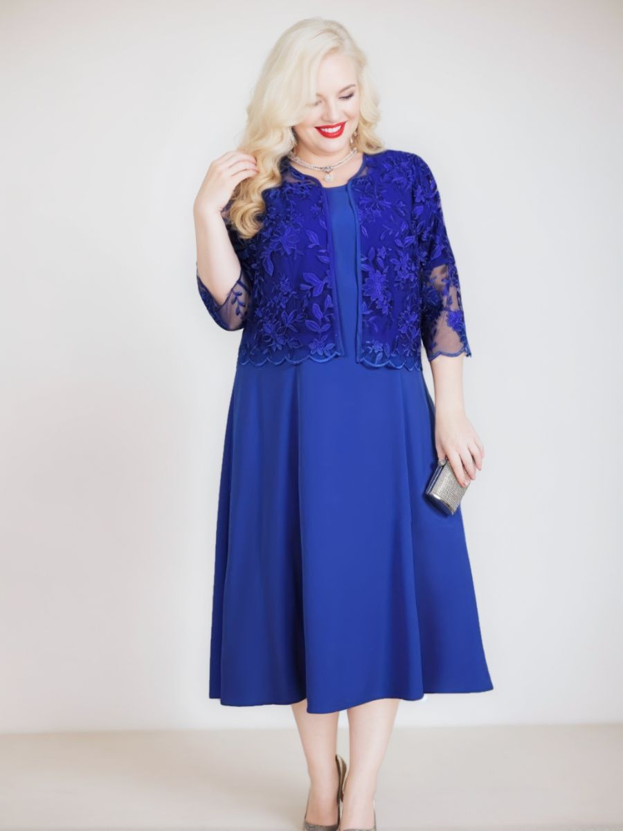 Plus Size Mother Of The Bride A Line Tea Length Dress With Jacket And Appliques