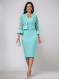 V-Neck Tea-Length Mother of the Bride Dress with Appliques and Jacket