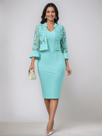 V-Neck Tea-Length Mother of the Bride Dress with Appliques and Jacket