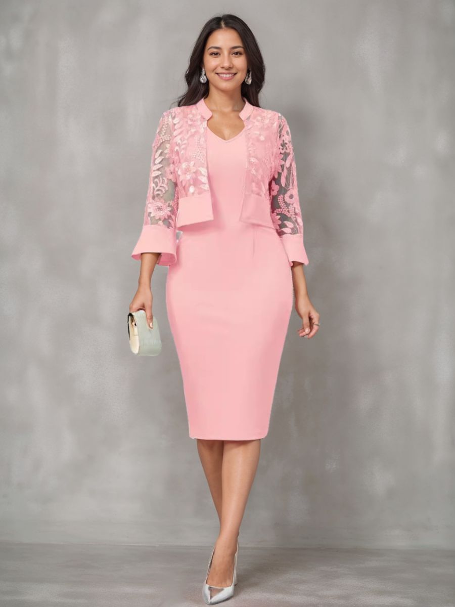 V-Neck Tea-Length Mother of the Bride Dress with Appliques and Jacket