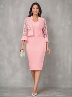 V-Neck Tea-Length Mother of the Bride Dress with Appliques and Jacket