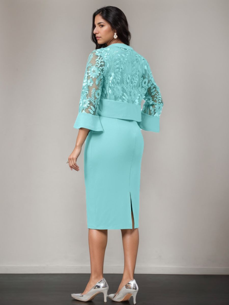 V-Neck Tea-Length Mother of the Bride Dress with Appliques and Jacket
