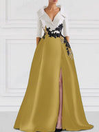 V Neck A Line Floor Length Mother Of The Bride Dress With Side Split Appliques