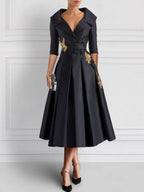 Elegant V Neck A Line Tea Length Mother Of The Bride Dresses With Appliques