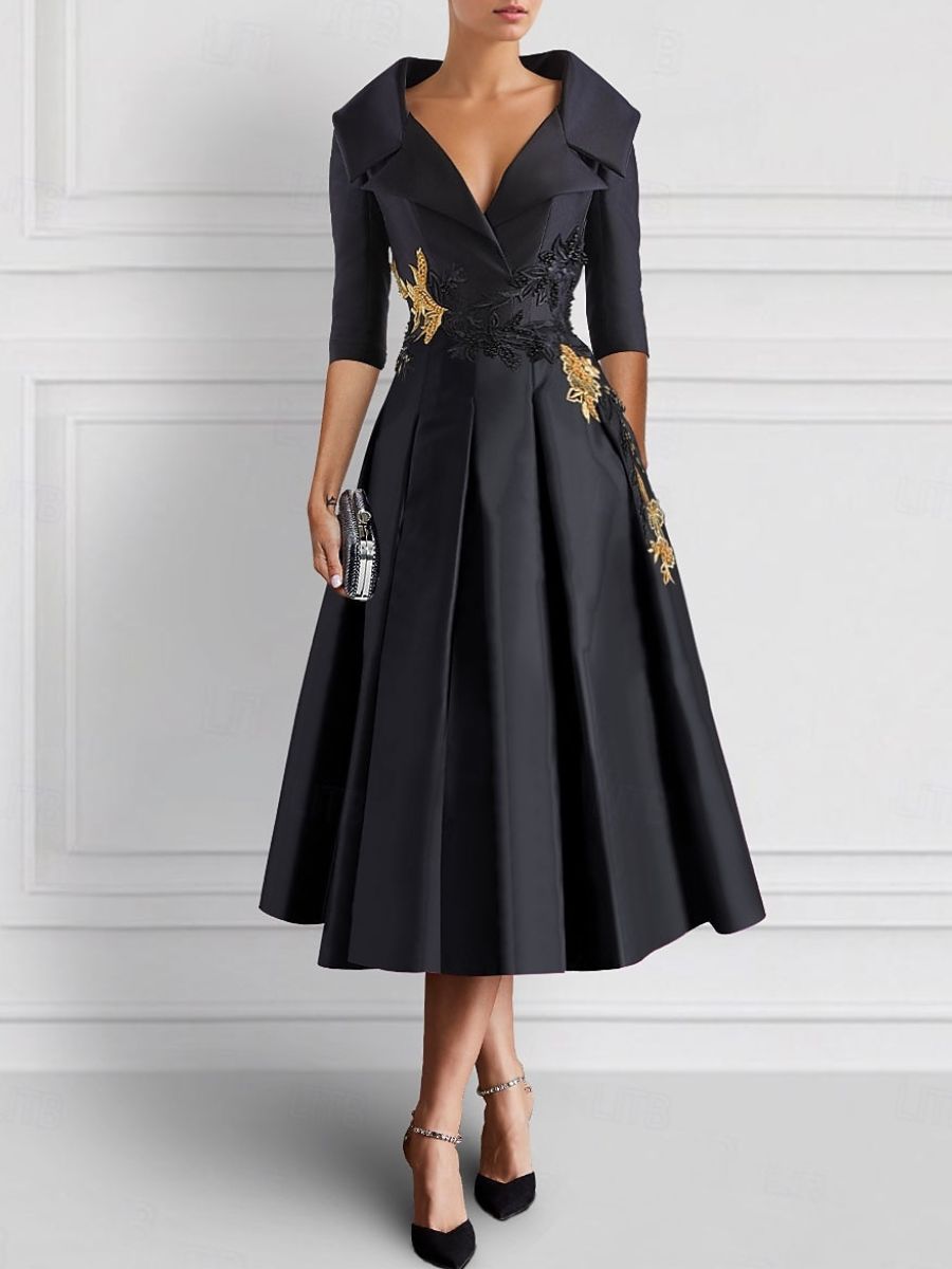 Elegant V Neck A Line Tea Length Mother Of The Bride Dresses With Appliques