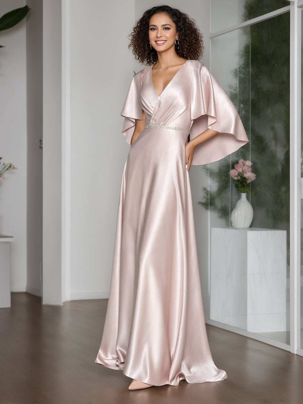 Elegant V Neck A Line Floor Length Mother Of The Bride Dress Cape Sleeves Ruffle