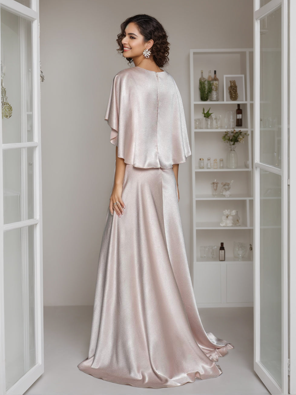 Elegant V Neck A Line Floor Length Mother Of The Bride Dress Cape Sleeves Ruffle