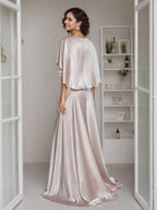 Elegant V Neck A Line Floor Length Mother Of The Bride Dress Cape Sleeves Ruffle