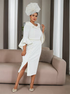 Plus Size Tea Length Mother Of The Bride Dress With Pearl Belt And Sleeves