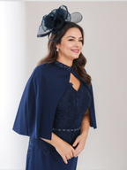 Plus Size V Neck Tea Length Mother Of The Bride Sheath Dress With Rhinestones