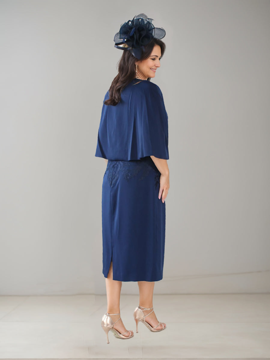 Plus Size V Neck Tea Length Mother Of The Bride Sheath Dress With Rhinestones