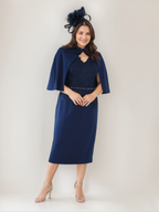 Plus Size V Neck Tea Length Mother Of The Bride Sheath Dress With Rhinestones