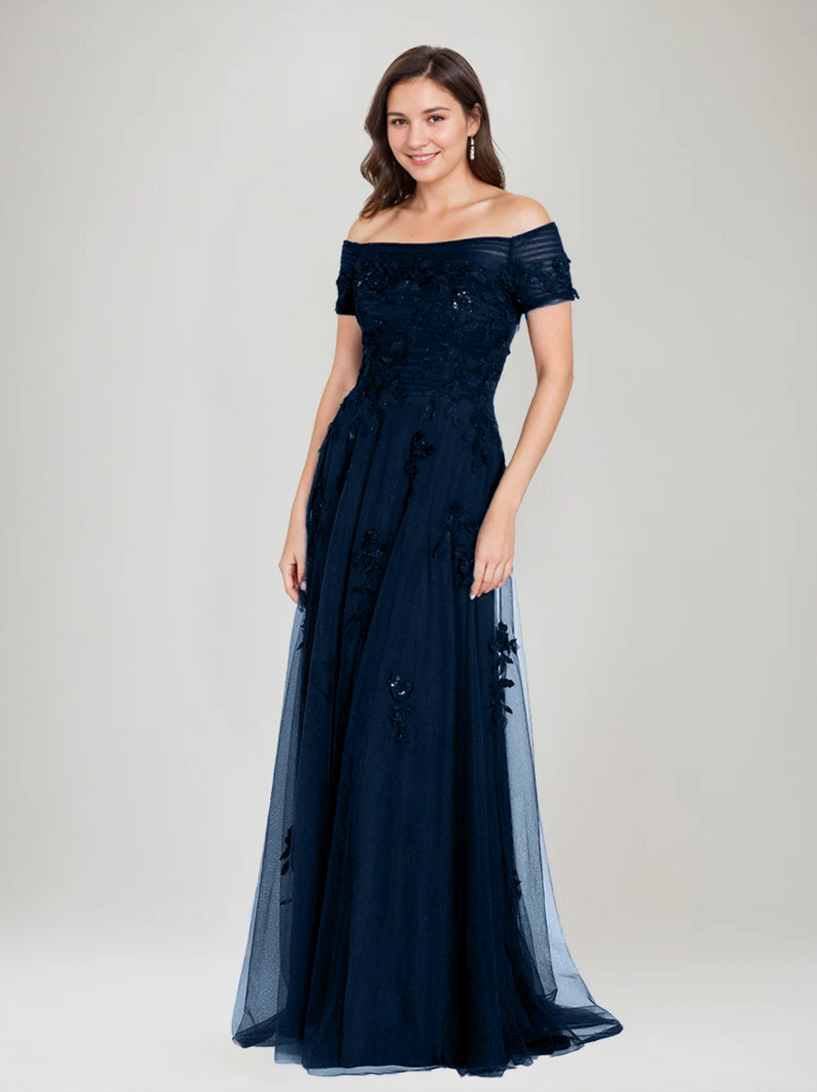 Sleeveless Off Shoulder A Line Dress With Appliques For Mother Of Bride Or Groom