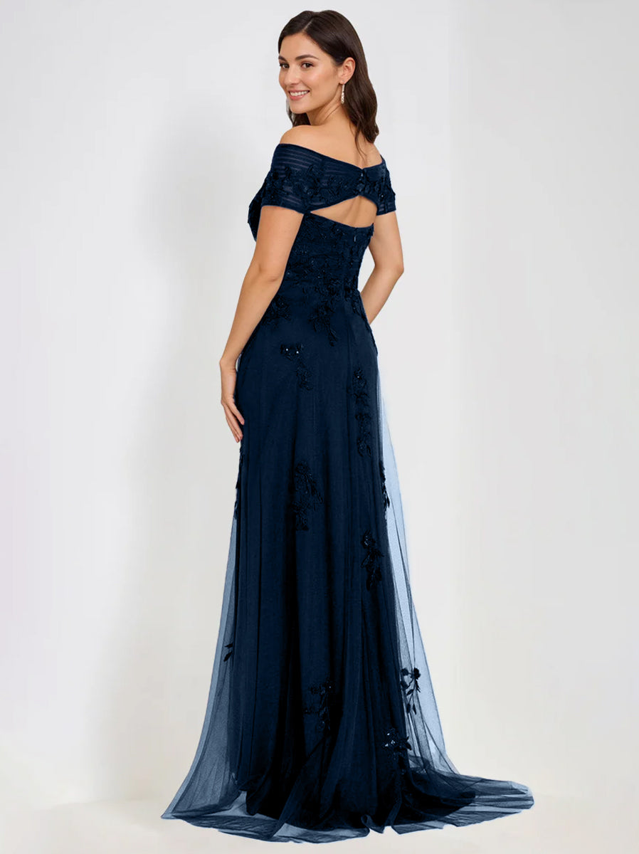 Sleeveless Off Shoulder A Line Dress With Appliques For Mother Of Bride Or Groom
