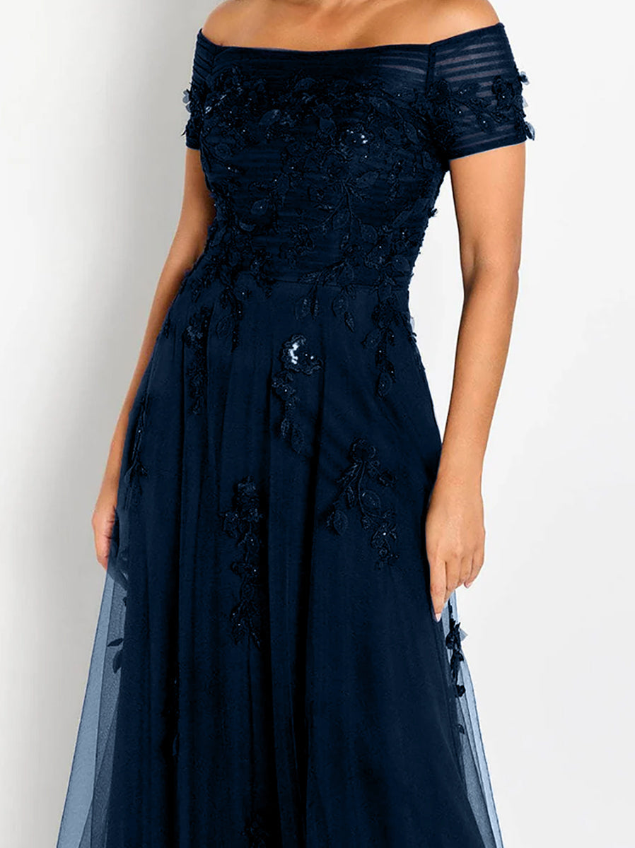 Sleeveless Off Shoulder A Line Dress With Appliques For Mother Of Bride Or Groom