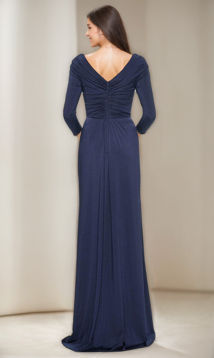 V Neck Ruched Three Quarter Sleeve Sheath Dress For Mothers Of Bride And Groom