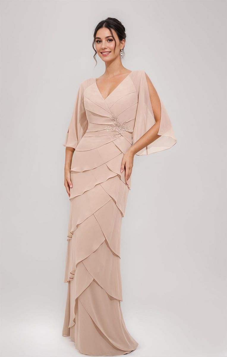 V Neck Three Quarter Sleeve Sheath Dress with Appliques and Ruffles for Mothers