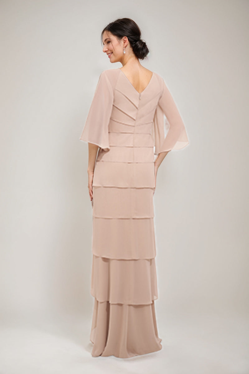 V Neck Three Quarter Sleeve Sheath Dress with Appliques and Ruffles for Mothers