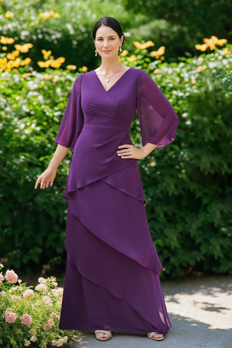 V Neck Chiffon A Line Mother Of The Bride Dress Three Quarter Sleeves Ruffles