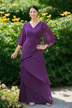V Neck Chiffon A Line Mother Of The Bride Dress Three Quarter Sleeves Ruffles