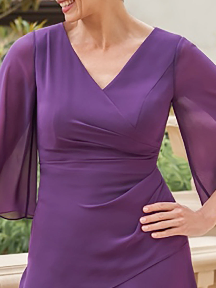 V Neck Chiffon A Line Mother Of The Bride Dress Three Quarter Sleeves Ruffles