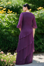 V Neck Chiffon A Line Mother Of The Bride Dress Three Quarter Sleeves Ruffles