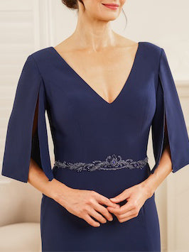 V Neck Half Sleeve Sheath Dress Moms Of Bride And Groom Side Split Appliques