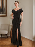 V Neck Mother Of The Bride Dress With Beading And Side Split And Ruffles