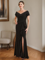 V Neck Mother Of The Bride Dress With Beading And Side Split And Ruffles