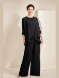 Mother Of The Bride Black Chiffon Pantsuit With Jacket Sleeves And Appliques