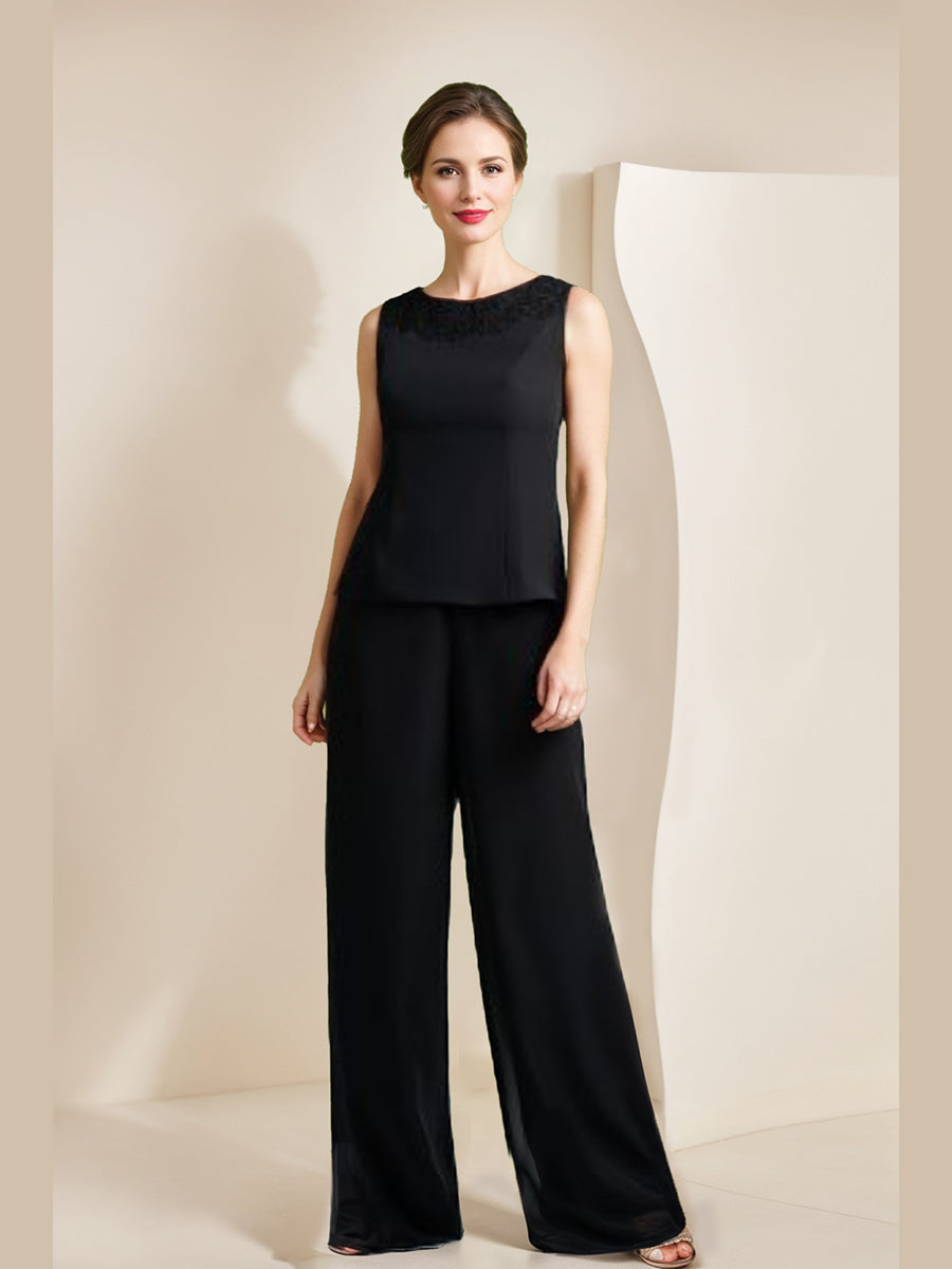 Mother Of The Bride Black Chiffon Pantsuit With Jacket Sleeves And Appliques