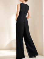 Mother Of The Bride Black Chiffon Pantsuit With Jacket Sleeves And Appliques
