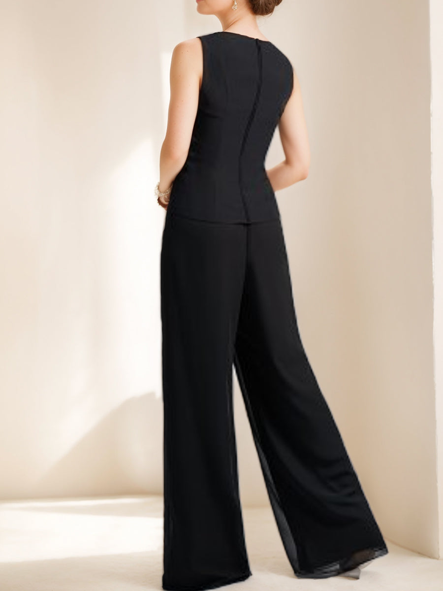 Mother Of The Bride Black Chiffon Pantsuit With Jacket Sleeves And Appliques