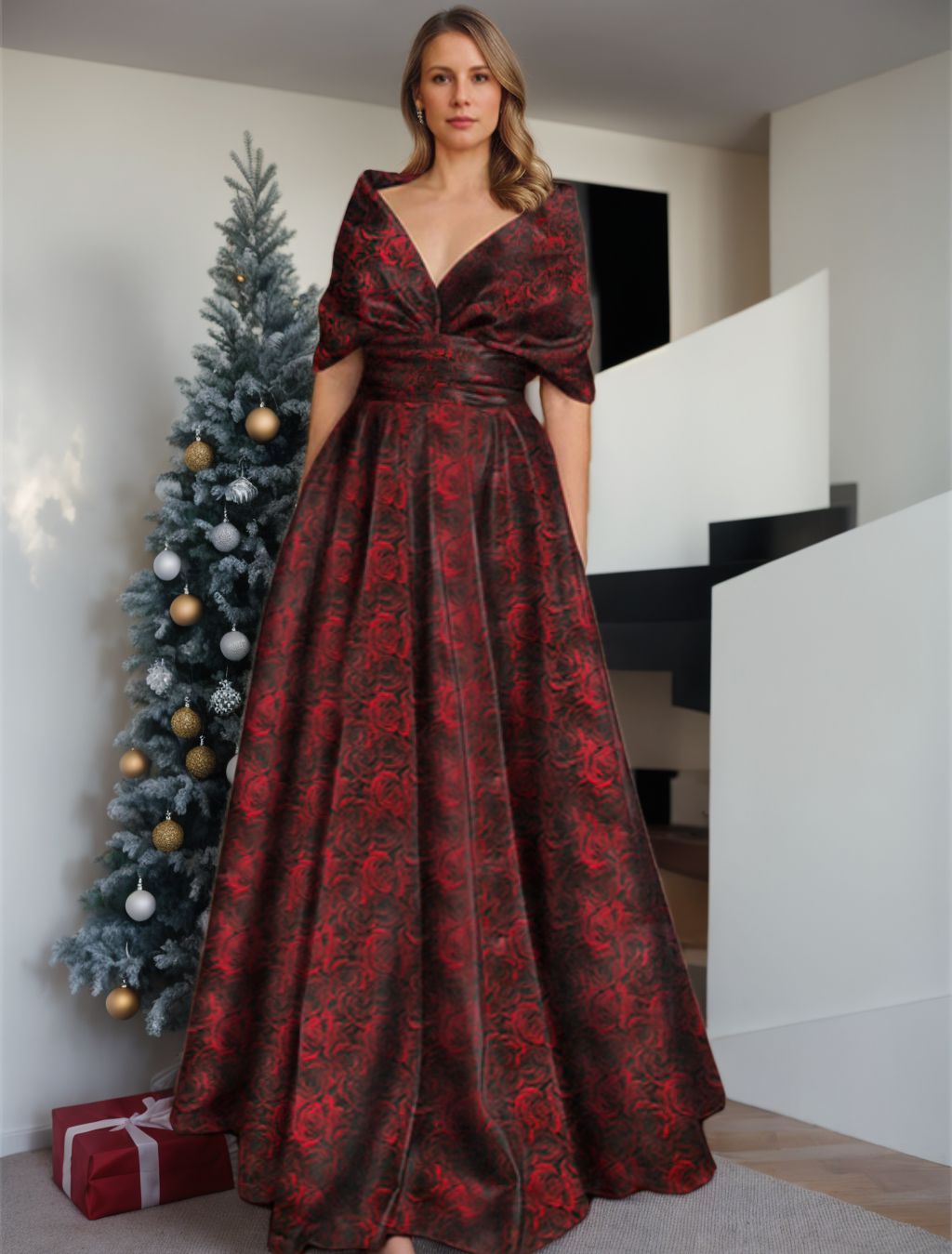 Printed Floral V Neck A Line Floor Length Dress For Mother Of Bride And Groom
