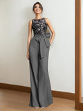 Satin 2 Piece Mother Of The Bride Pantsuit Sleeveless Floor Length Lace