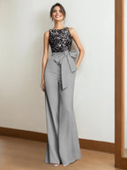 Satin 2 Piece Mother Of The Bride Pantsuit Sleeveless Floor Length Lace