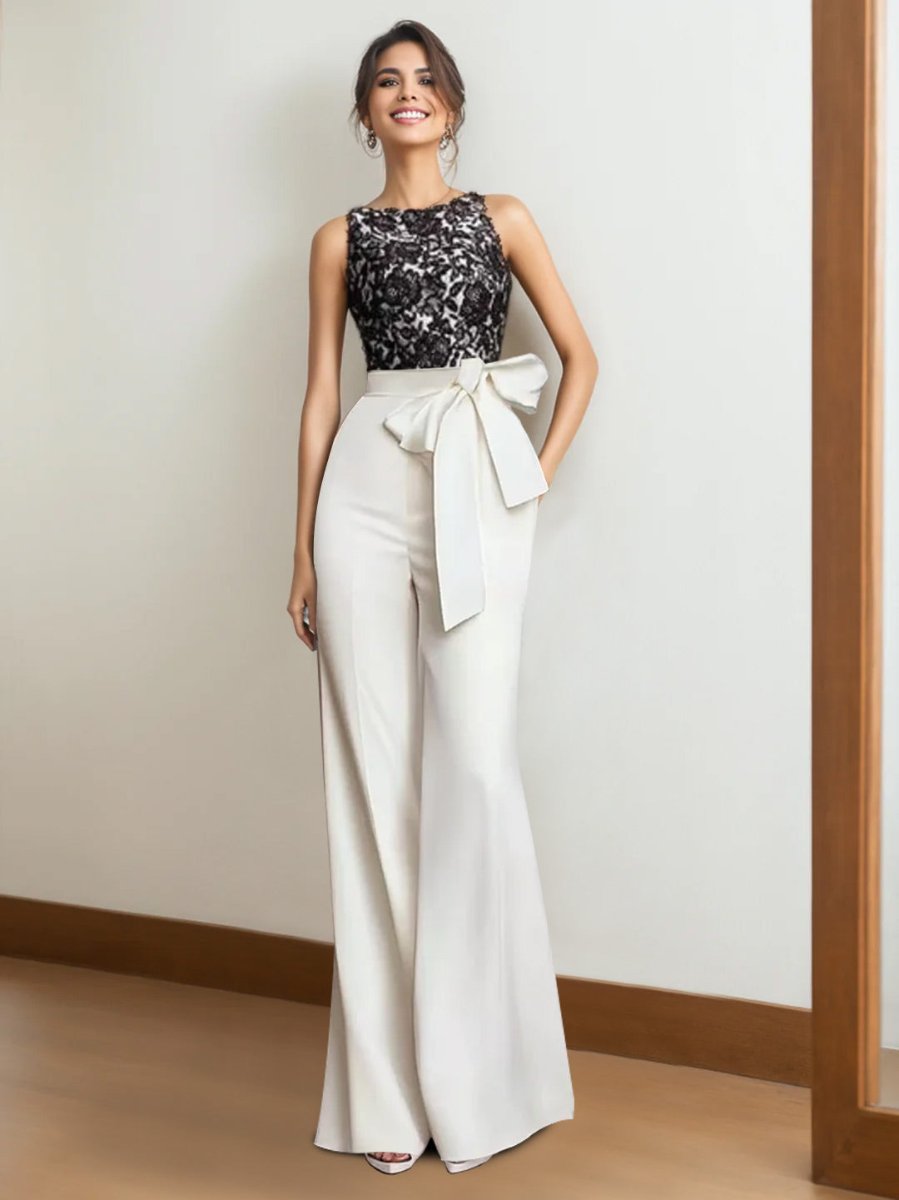 Satin 2 Piece Mother Of The Bride Pantsuit Sleeveless Floor Length Lace