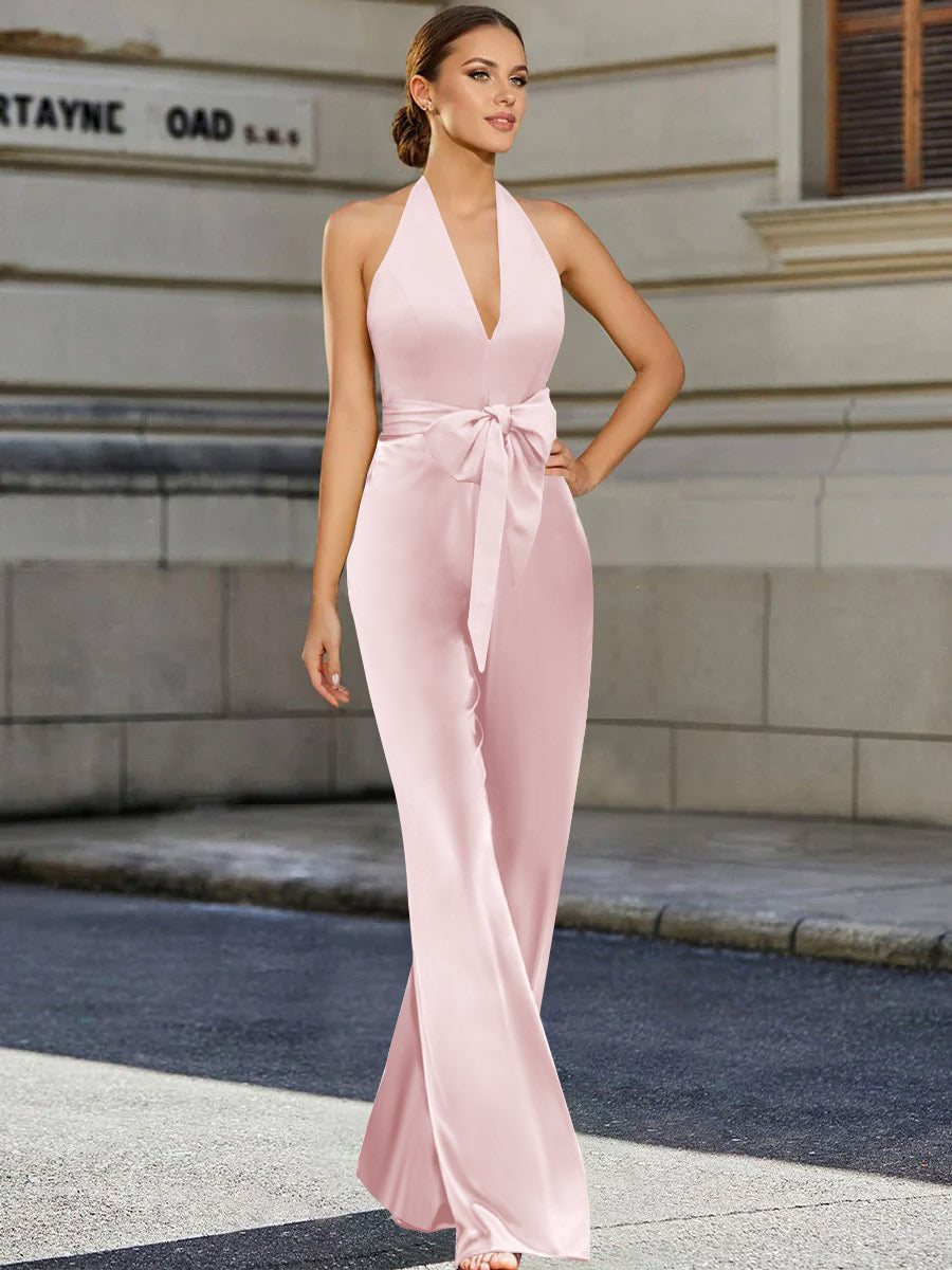 Mother Of The Bride 2 Piece V Neck Sleeveless Pantsuit With Bow Belt Floor Length