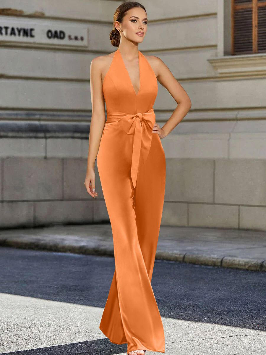 Mother Of The Bride 2 Piece V Neck Sleeveless Pantsuit With Bow Belt Floor Length