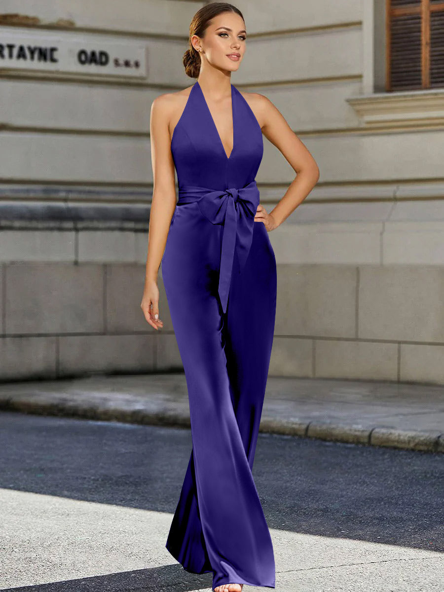 Mother Of The Bride 2 Piece V Neck Sleeveless Pantsuit With Bow Belt Floor Length