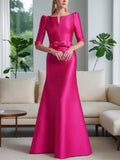 Mother Of The Bride A Line Princess Dress With Scoop Neck Half Sleeves Bow Belt