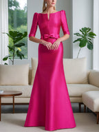 Mother Of The Bride A Line Princess Dress With Scoop Neck Half Sleeves Bow Belt
